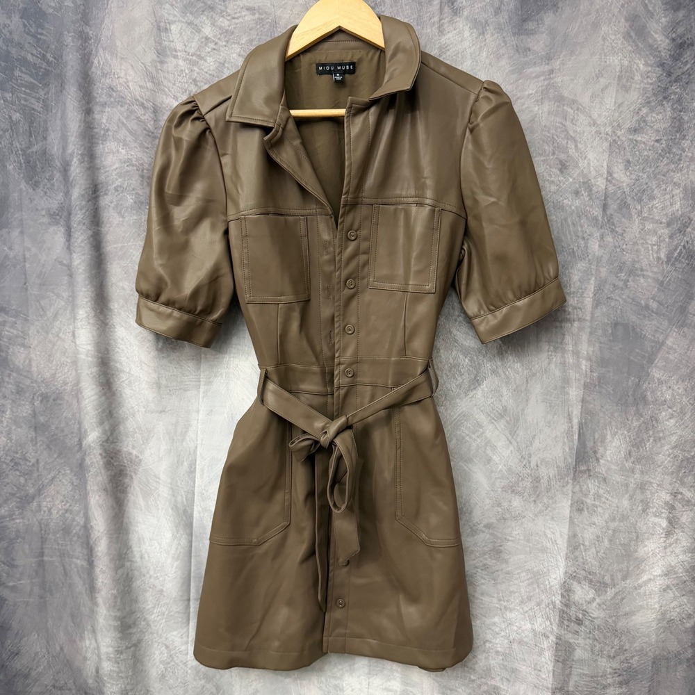 Miou Muse Faux Leather Utility Mini Dress Olive Brown Puff Sleeve D2811 M